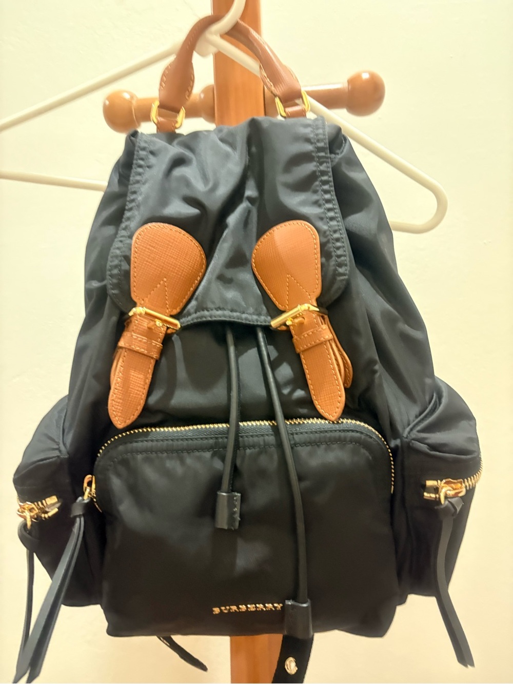 Burberry Black Nylon Backpack with Tan Leather Accents